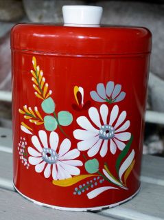 Vintage Ransburg Canister Red Hand Painted Metal Folk Art 6 Eames Jar 