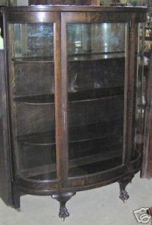  Finish Oak Antique Curved Glass China Cabinet Claw Feet Mirrored Back