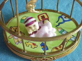   FRANCE Oval Crib Cradle BABY GIRL IN PARK Moving Parts Trinket Box