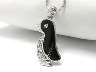 Black & crystal penguin charm chain pendant necklace NEW free ship in 