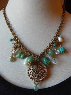   Dweck Agate/Turquoise/Fluorite/Perls/Crystal Bronze Necklace 20in New