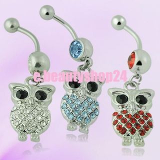   Owl Dangle Rhinestones Curved Bar Steel Belly Button Navel Ring Stud