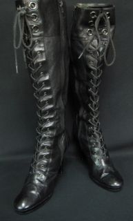 Nine West Knee High Tall Black Leather Corset Tie Lace Front Boots 