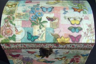   Patchwork Butterfly Keepsake Trunk Chest Box w/Gold Cord Handles