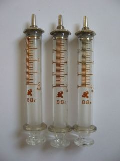 Set 3 Old Glass Syringe RECORD 2 ml / 6 hypodermic needles 