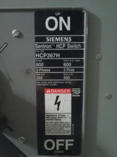 800 Amp 600 Volt Siemens Sentron HCP367H switch