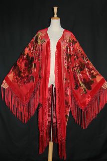 Hot Red Eastern Flower Burnout Silk Velvet Fringe Jacket Coat Duster 