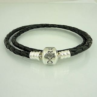 Authentic Pandora S/Silver Black Leather Bracelet 35cm