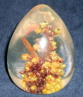 Lucite Tear Drop or Egg Paperweight with dried wildflowers