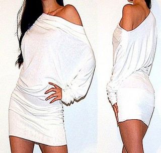 SEXY WHITE OFF SHOULDER KIMONO SLEEVES COCKTAIL SWEATER DRESS S