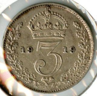 Great Britain 1919 Three Pence   Silver Coin   George V   z469