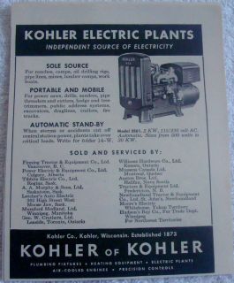 1954 KOHLER ELECTRIC PLANTS CANADA AD MODEL 2E61 OIL DRILLING RIGS