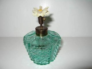   Floral Daisy Top I.W. Rice & CO Green Glass Perfume Bottle Atomizer