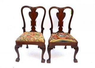 Pr Chippedale needlepoint Ball & Claw pierced eagle carved Side Chairs 