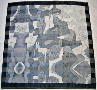 VINTAGE AUTHENTIC PICASSO CUBISM GRAY CHIFFON 38 SQUARE SCARF