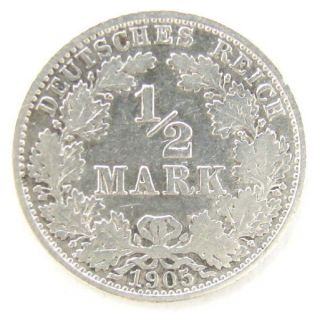 GERMAN GERMANY DEUTSCHE 1/2 MARK COIN 1905 x