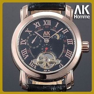 AK Homme Tag Golden Moon Phase Mens Black Automatic Mechanical Wrist 