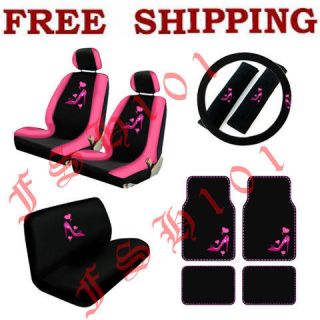 New Set Pink High Heel & Hearts Car Seat Covers Steering Wheel Cover 