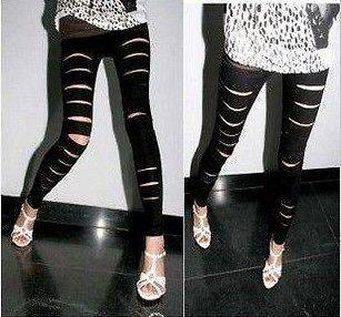 LADIES SEXY RIPPED TORN CUTOUT PUNK FAUX LEATHER Leggings Pants Shiny 