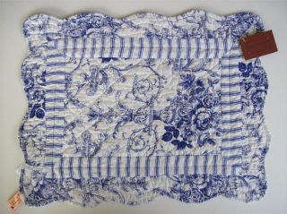 Set of 2 Cotton Quilted Placemats Blue Toile and Ticking Shabby 