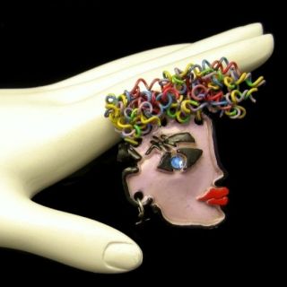 Enamel Lady Face Head Brooch Pin Big Red Lips Funky Colored Wired Hair 