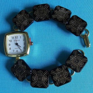 Antique Square Black Glass Gold Button Watch 858