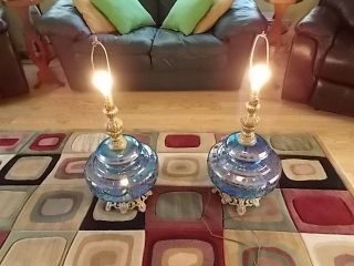   COBALT BLUE TABLE LAMPS 3 WAY WITH DRAPE/LARGE GLASS LAMPS A PAIR
