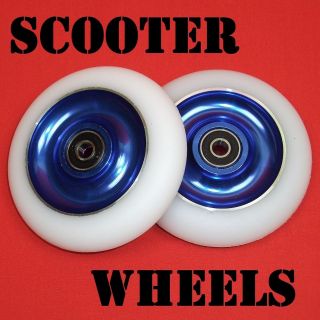 Blue Metal Core Scooter Wheels White PU 2x100mm wheels including 