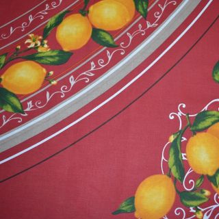 Lemons on Brick Red Cotton Tablecloth by Vero France, 70 Round or 68 