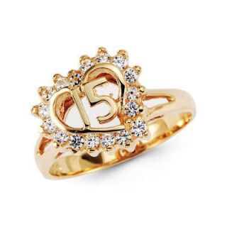 14k Solid Yellow Gold Sweet 15 Quinceanera CZ Ring