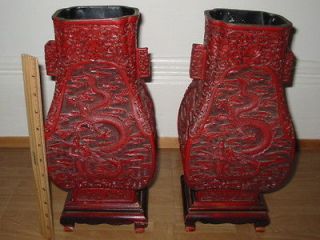 Antique Chinese Cinnabar Red Lacquer Dragon Vases Set of 2