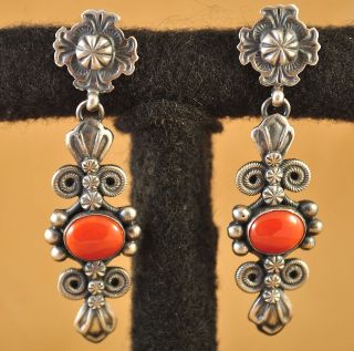   Cadman Old Style Sterling Silver Deep Red Coral Navajo Dangle Earrings