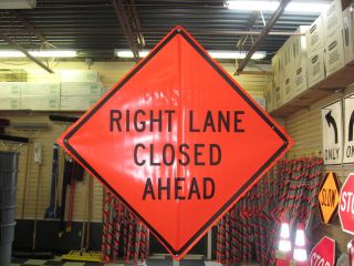 Right Lane Closed Ahead Fluorescent Vinyl With Ribs Road Sign 48 X 48 