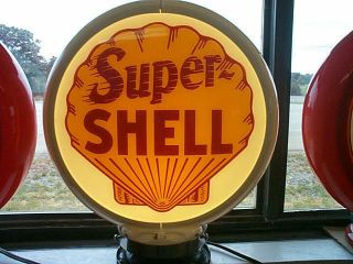 gas pump globe SUPER SHELL & LIGHT STAND NEW repro. 2 GLASS LENS