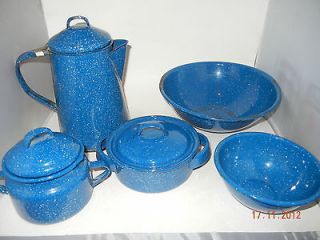 Vintage Blue Speckled Enamel Ware Camp Coffee Pot Tea Kettle Carafe 