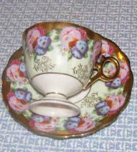 Royal Sealy Japan Handpainted Fruit Cup & Saucer Set Gold Green Pink 
