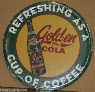 GOLDEN COLA REFRESHING AS A CUP OF COFFEE 12 ROUND METAL SODA SIGN