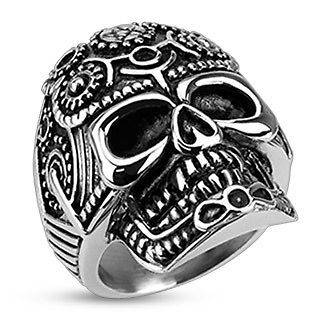 Stainless Steel Decorated Pentagram Gear Skull Wide Cast Ring Band 