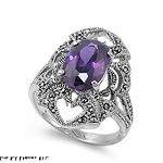 24MM .925 ITALIAN Sterling Silver AMETHYST Marcasite Ring SIZE 6 9