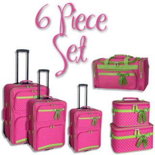 Polka Dot 6 Piece Set   3 Suitcases, 2 Train Cases, 1 Duffel   Fuchsia 