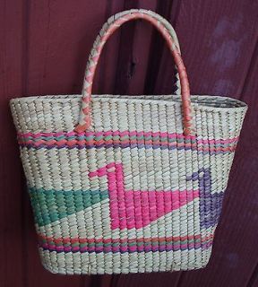 Stylish ethnic straw purse handbag tote w/bird patterns (great summer 