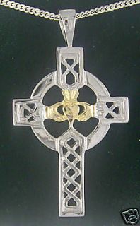 14K White Gold Sterling Silver Claddagh Celtic Cross Pendant Necklace 