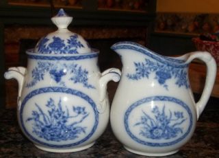   Flow Blue China Porcelain Cream Pitcher and Sugar Bowl w/ Lid ~NR