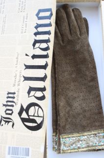 JOHN GALLIANO BROWN SUEDE EMBELLISHED LEATHER GLOVES (8)