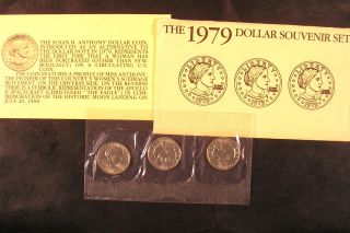 1979 P/D/S SBA SUSAN B. ANTHONY DOLLAR 3 coin Souvenir U.S. MINT SET w 