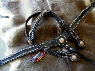  COLLAR WESTERN LEATHER HEADSTALL TACK BLACK SILVER COPPER STUDS T1