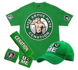 John Cena SALUTE THE CENATION Shirt + Cap + Wristbands Green WWE L 