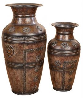 PAIR Large Embossed METAL Floor Vases Tuscan French Bucket Style 