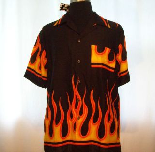   Club Shirt black with red orange FLAMES Excellent mens XL rayon
