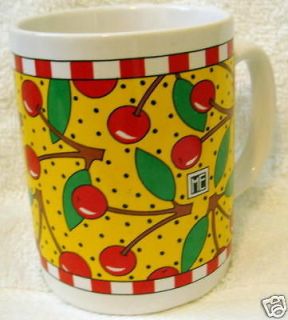   MUG CUP CHERRIES 1993 YELLOW RED GREEN LEAVES ME INK COFFE TEA